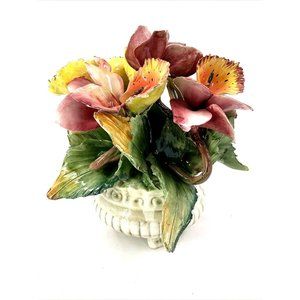 Vintage Capodimonte Italian Flower Arrangement Centerpiece in Pot Basket 9.5"
